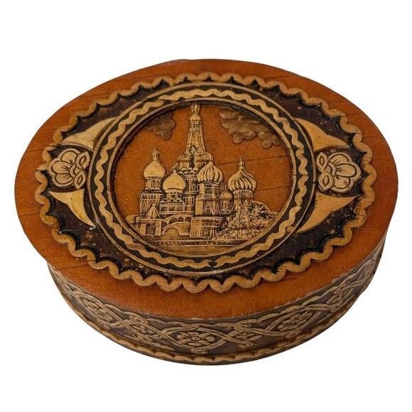 Russian Trinket Box Hand Made Birch Bark Oval Wood Ornate Church Design 3.5x2.75 - Picture 1 of 7